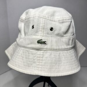 Vintage Lacoste Bucket Hat Cap Tan Khaki Gator Logo Y2K Fisherman White SIZE 2